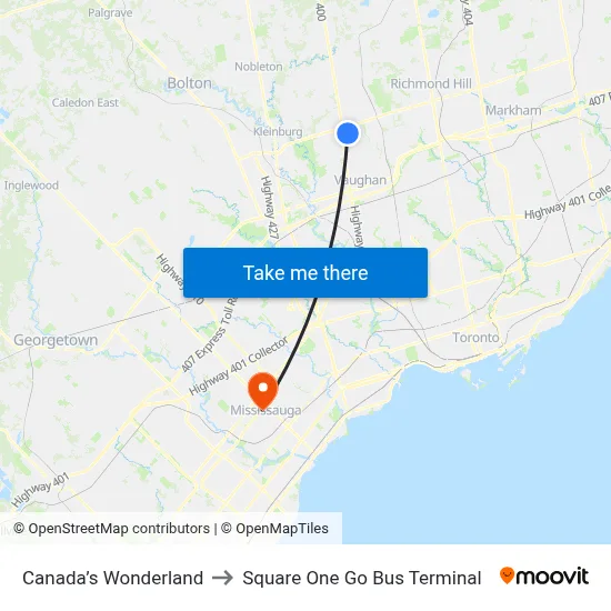 Canada’s Wonderland to Square One Go Bus Terminal map