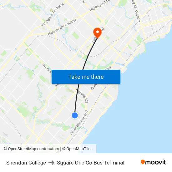 Sheridan College to Square One Go Bus Terminal map