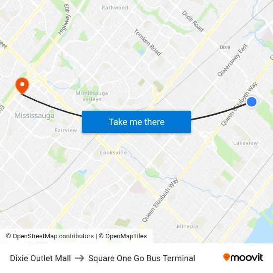 Dixie Outlet Mall to Square One Go Bus Terminal map