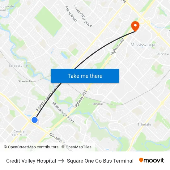 Credit Valley Hospital to Square One Go Bus Terminal map