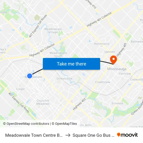 Meadowvale Town Centre Bus Terminal to Square One Go Bus Terminal map