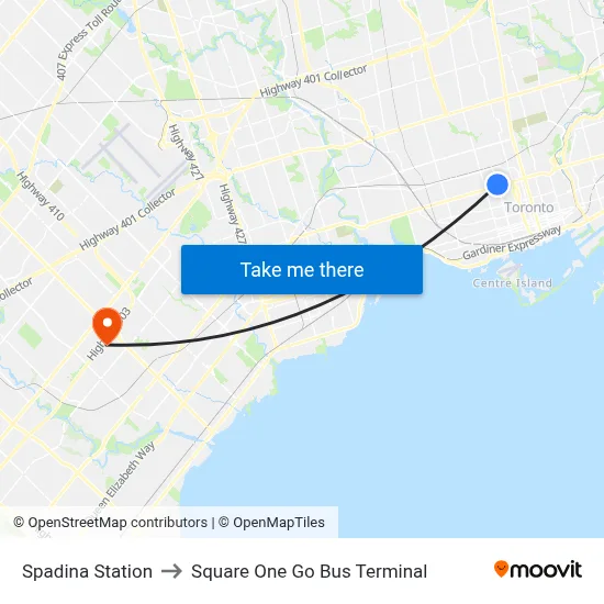 Spadina Station to Square One Go Bus Terminal map