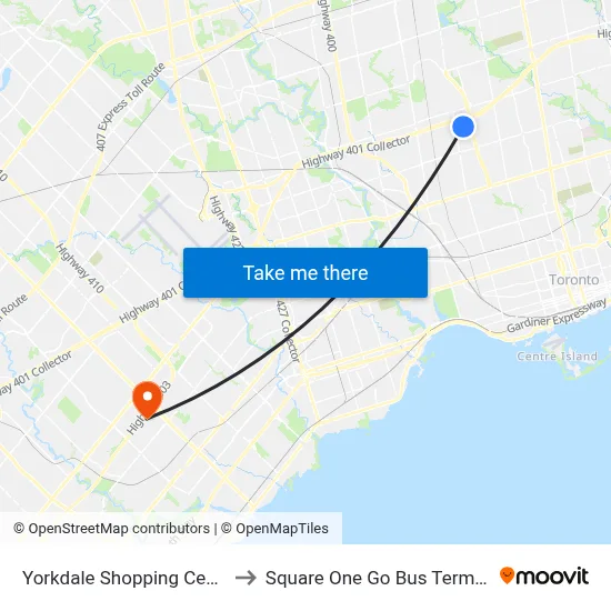 Yorkdale Shopping Centre to Square One Go Bus Terminal map
