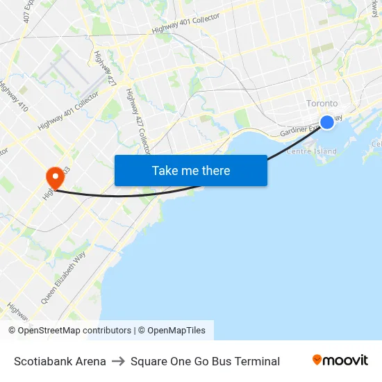 Scotiabank Arena to Square One Go Bus Terminal map