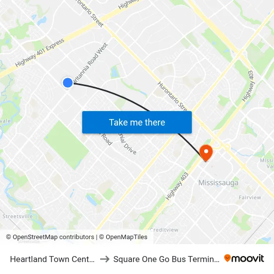 Heartland Town Centre to Square One Go Bus Terminal map