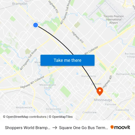 Shoppers World Brampton to Square One Go Bus Terminal map