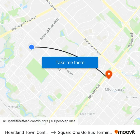 Heartland Town Centre to Square One Go Bus Terminal map