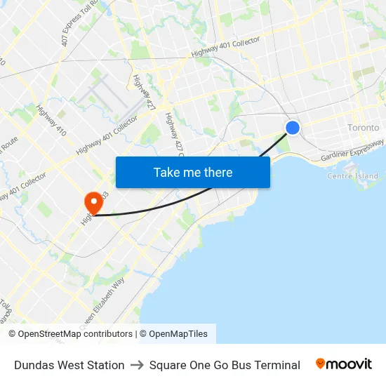Dundas West Station to Square One Go Bus Terminal map