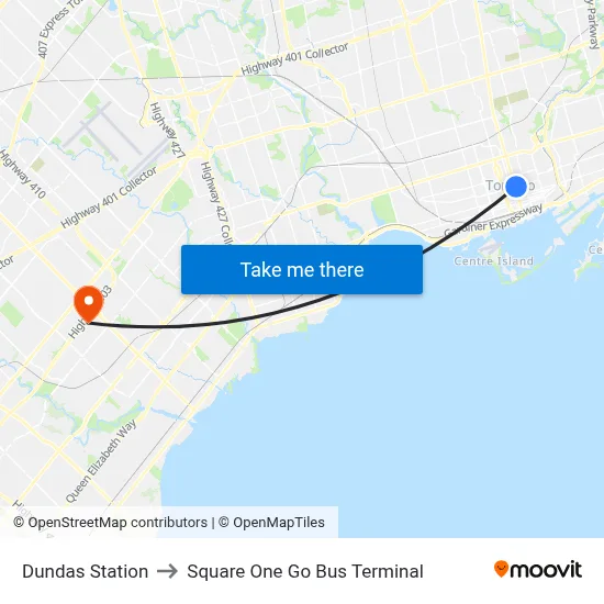 Dundas Station to Square One Go Bus Terminal map