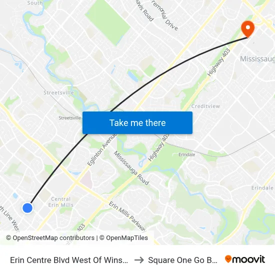 Erin Centre Blvd West Of Winston Churchill Blvd to Square One Go Bus Terminal map