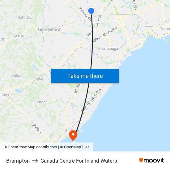 Brampton to Canada Centre For Inland Waters map