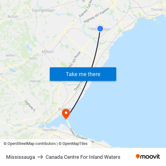 Mississauga to Canada Centre For Inland Waters map