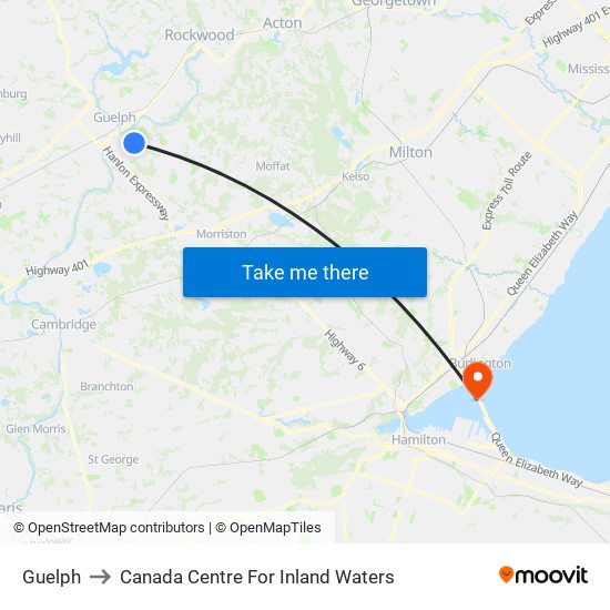 Guelph to Canada Centre For Inland Waters map
