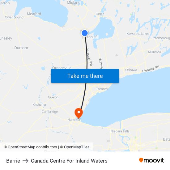 Barrie to Canada Centre For Inland Waters map
