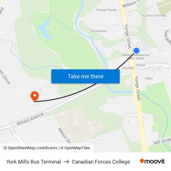 York Mills Bus Terminal to Canadian Forces College map