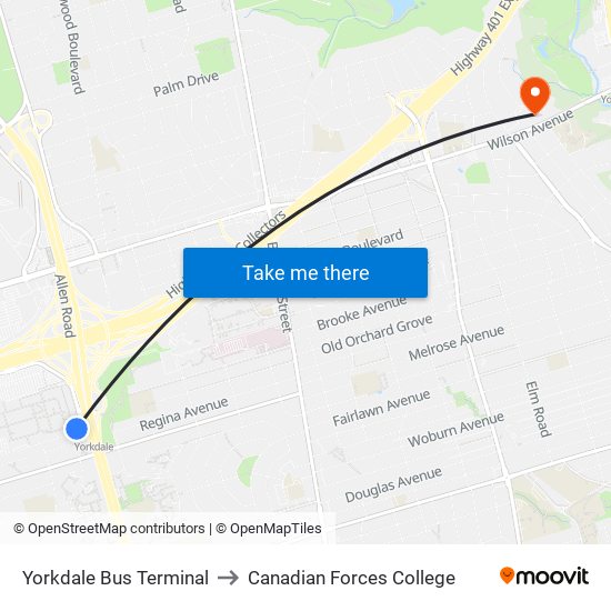 Yorkdale Bus Terminal to Canadian Forces College map