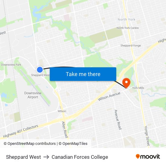 Sheppard West to Canadian Forces College map
