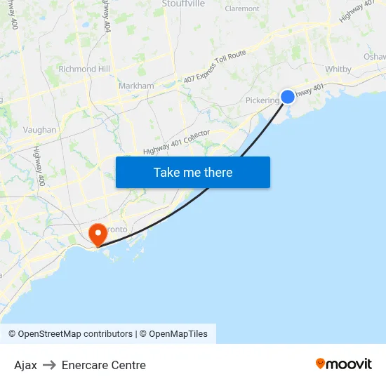 Ajax to Enercare Centre map