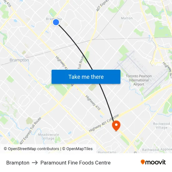 Brampton to Paramount Fine Foods Centre map