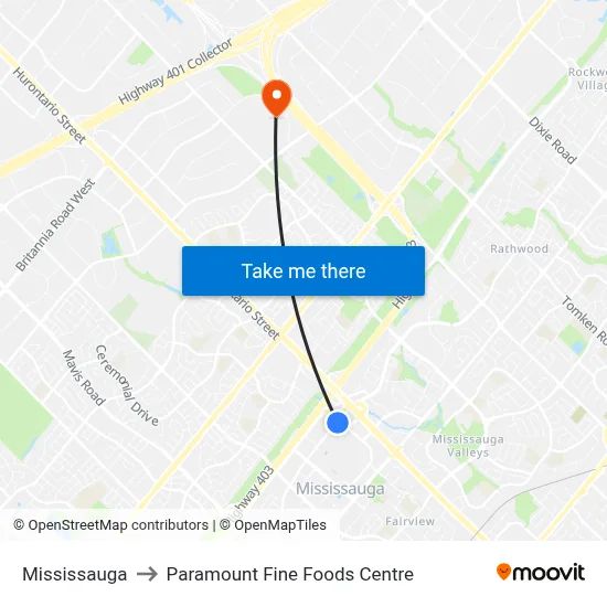 Mississauga to Paramount Fine Foods Centre map