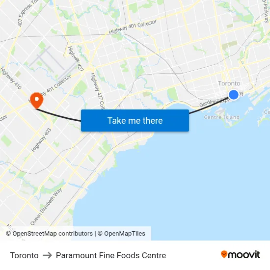 Toronto to Paramount Fine Foods Centre map