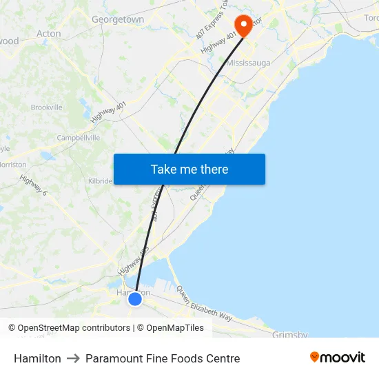 Hamilton to Paramount Fine Foods Centre map