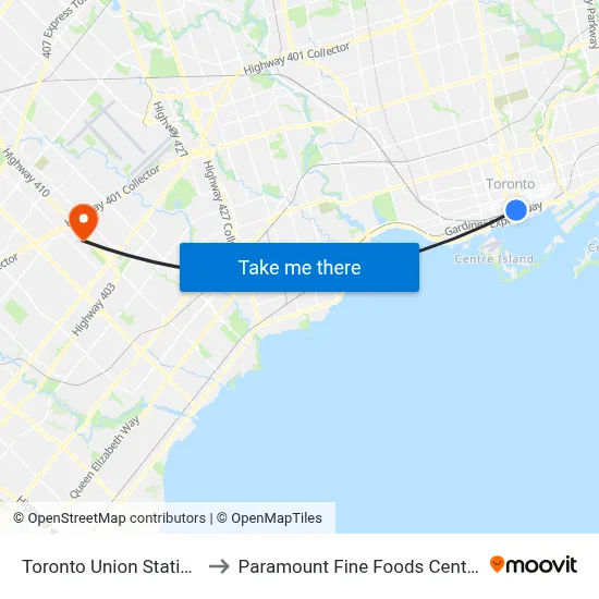 Toronto Union Station to Paramount Fine Foods Centre map