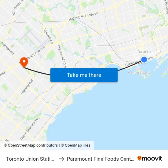 Toronto Union Station to Paramount Fine Foods Centre map