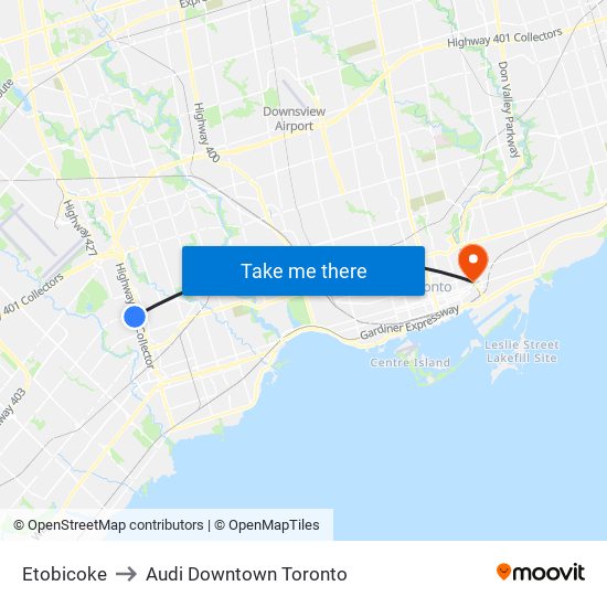 Etobicoke to Audi Downtown Toronto map