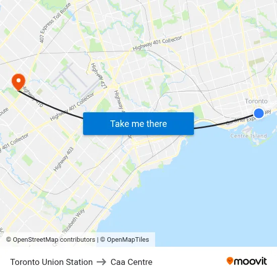 Toronto Union Station to Caa Centre map
