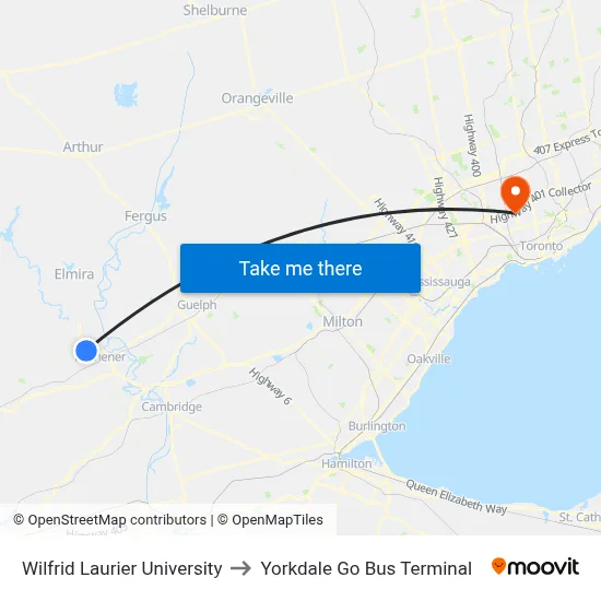 Wilfrid Laurier University to Yorkdale Go Bus Terminal map