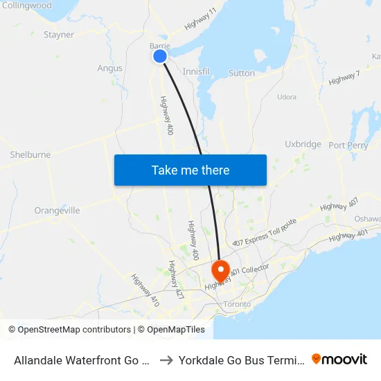 Allandale Waterfront Go Bus to Yorkdale Go Bus Terminal map