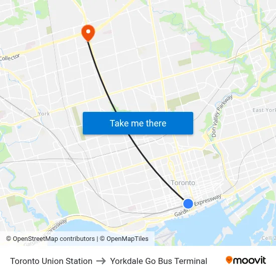 Toronto Union Station to Yorkdale Go Bus Terminal map