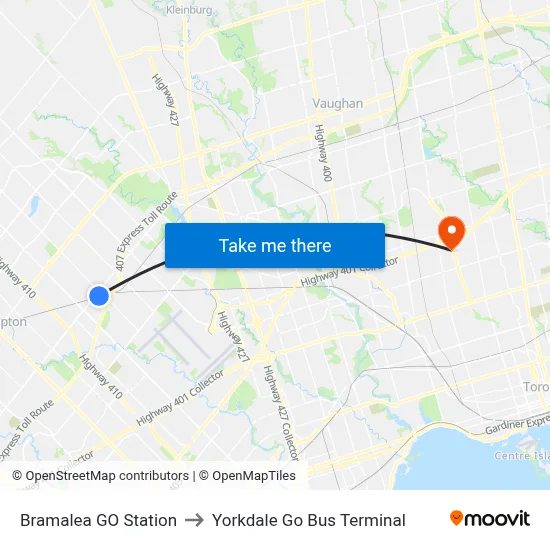 Bramalea GO Station to Yorkdale Go Bus Terminal map
