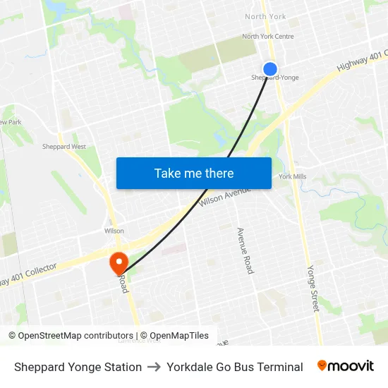 Sheppard Yonge Station to Yorkdale Go Bus Terminal map