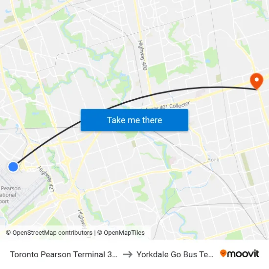 Toronto Pearson Terminal 3 Station to Yorkdale Go Bus Terminal map