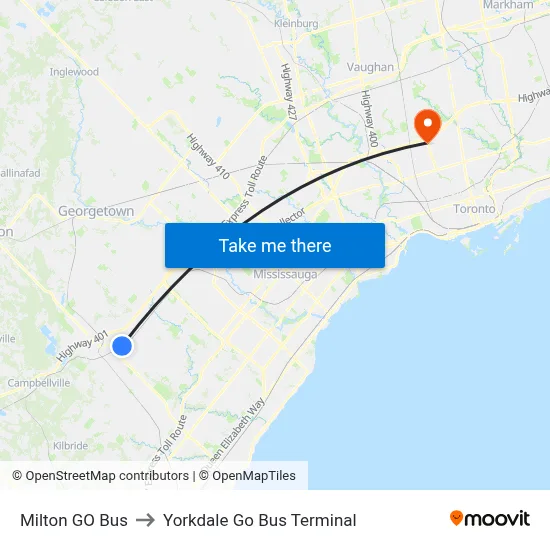 Milton GO Bus to Yorkdale Go Bus Terminal map