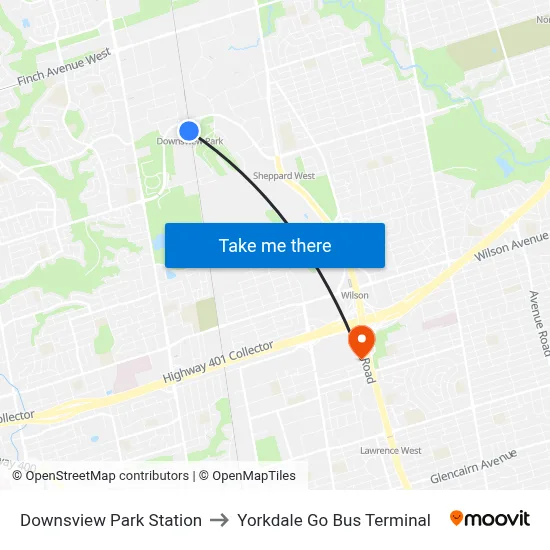 Downsview Park Station to Yorkdale Go Bus Terminal map