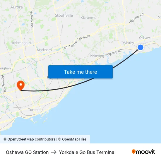 Oshawa GO Station to Yorkdale Go Bus Terminal map