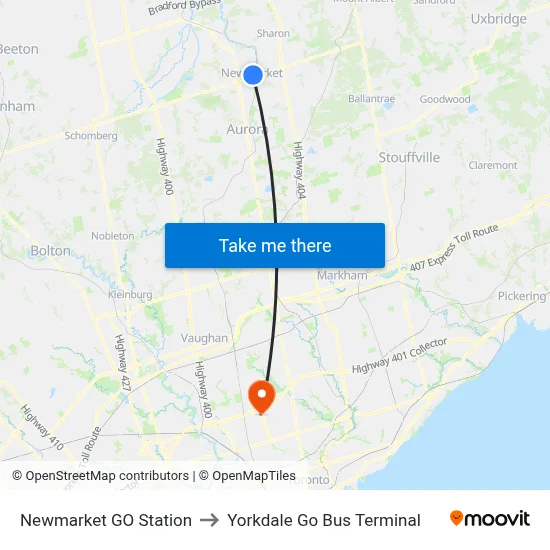 Newmarket GO Station to Yorkdale Go Bus Terminal map