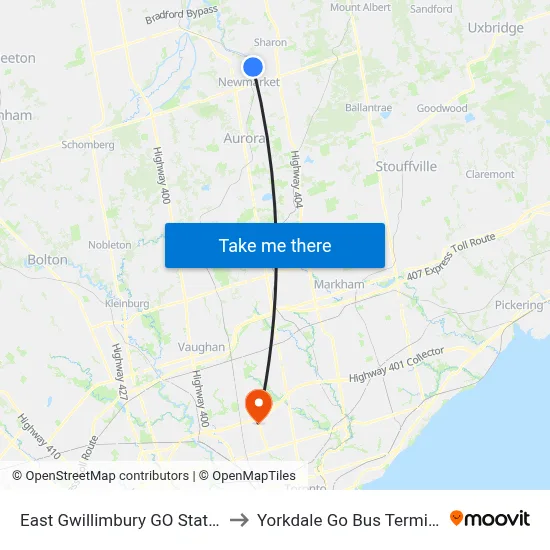 East Gwillimbury GO Station to Yorkdale Go Bus Terminal map