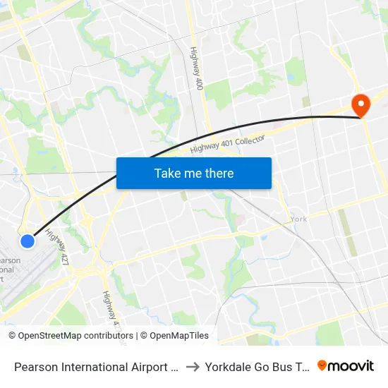 Pearson International Airport Terminal 1 to Yorkdale Go Bus Terminal map