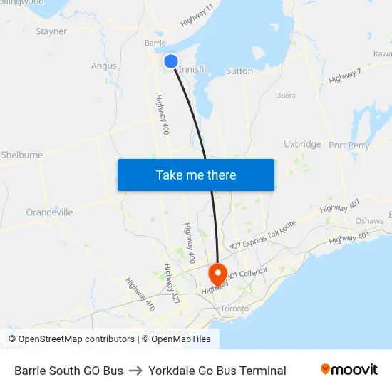 Barrie South GO Bus to Yorkdale Go Bus Terminal map