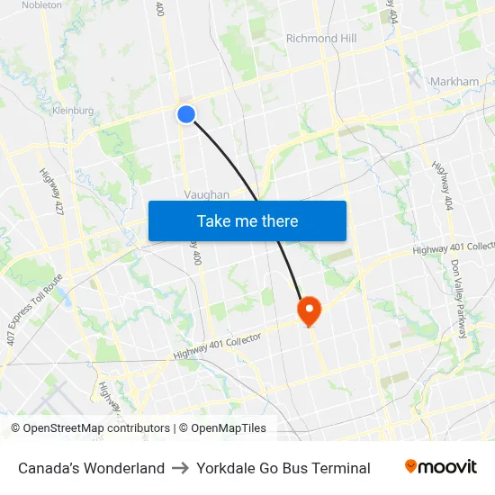 Canada’s Wonderland to Yorkdale Go Bus Terminal map