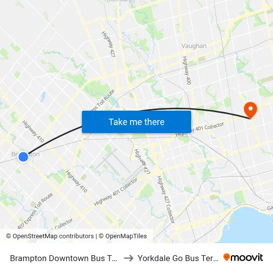 Brampton Downtown Bus Terminal to Yorkdale Go Bus Terminal map