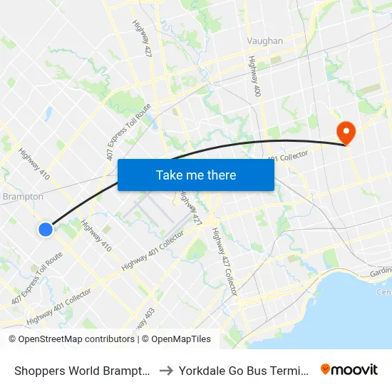 Shoppers World Brampton to Yorkdale Go Bus Terminal map