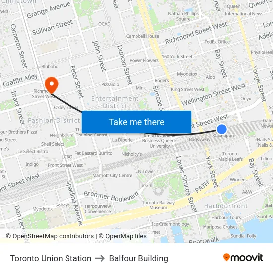 Toronto Union Station to Balfour Building map