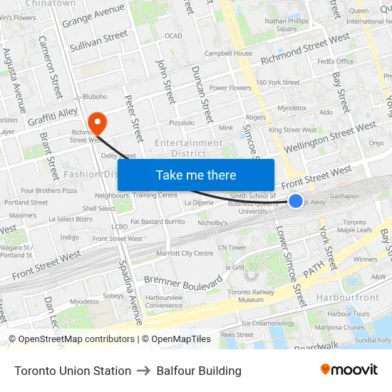 Toronto Union Station to Balfour Building map
