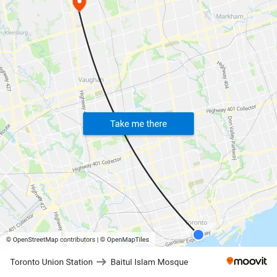 Toronto Union Station to Baitul Islam Mosque map