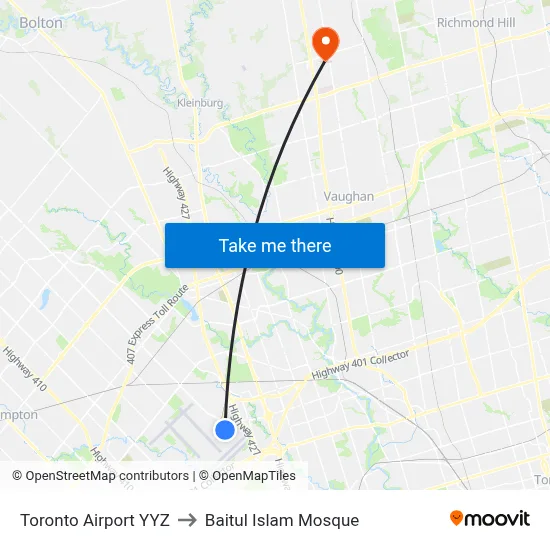 Toronto Airport YYZ to Baitul Islam Mosque map